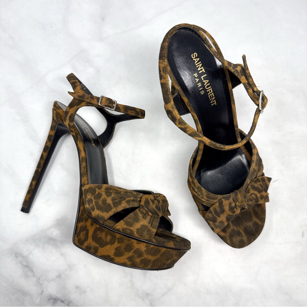 Saint Laurent Bianca Bow 105 Leopard Suede Platform Stiletto Sandal Heels Brown - Picture 3 of 16
